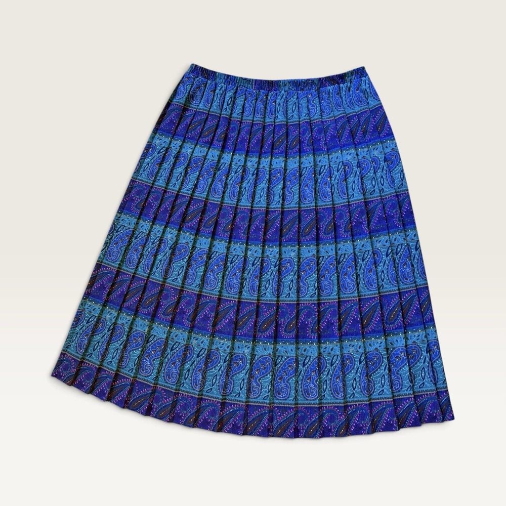 VTG 80s 90s  Blue Paisley Accordion Pleated Maxi Skirt XL Broomstick Skirt